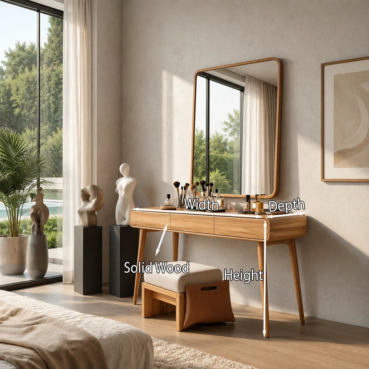 Beauty desk with clean lines and warm wood tone finish in an airy dressing area indoors