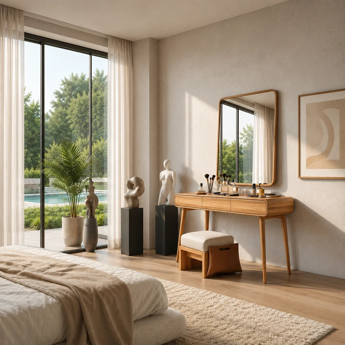 Minimalist dressing table with slim legs and rounded storage in a calm interior space
