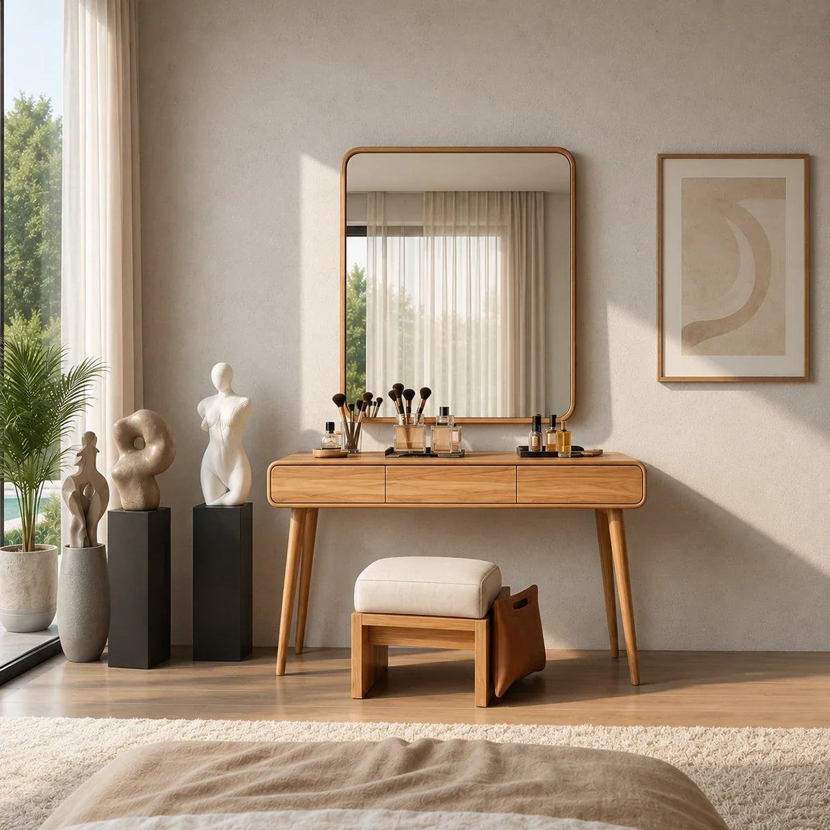 Bedroom vanity desk featuring three drawers and a broad top for organized beauty items
