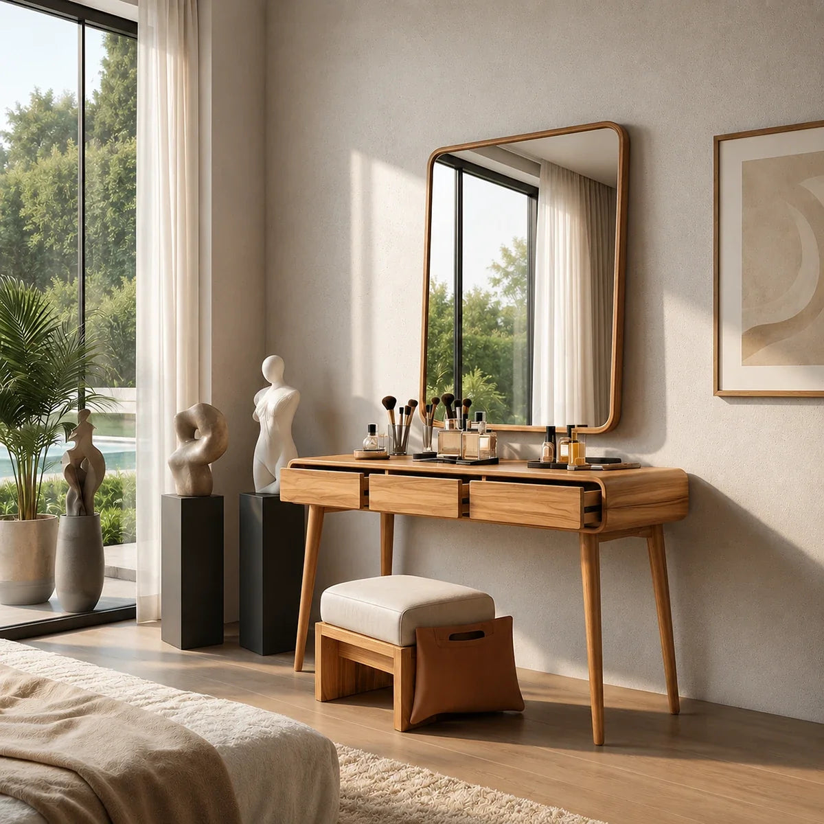 Contemporary vanity desk with three drawers and slim supports for modern room styling