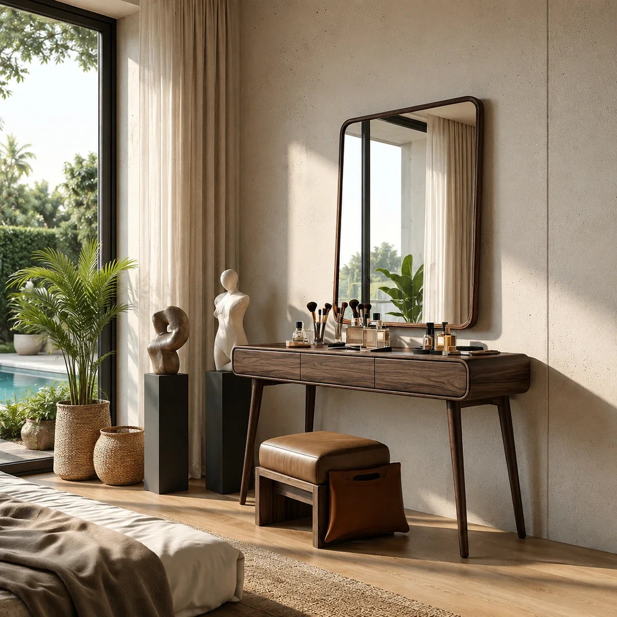 Luxury dressing table with warm wood tone and spacious storage beside a padded stool