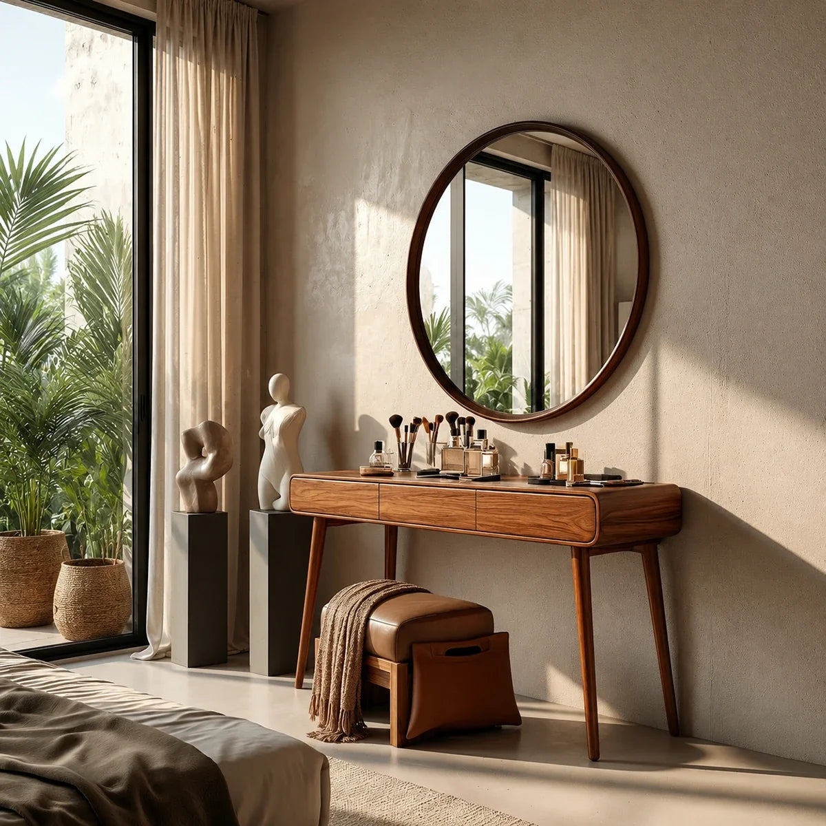 Makeup station with rounded edges and practical drawers in a bright neutral interior