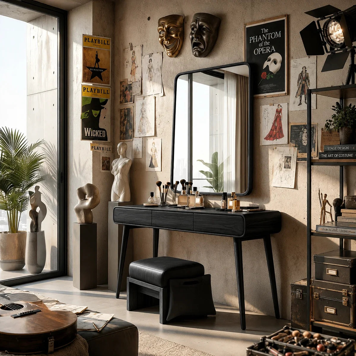 Vanity table with sleek legs and three drawers for organized cosmetics and accessories