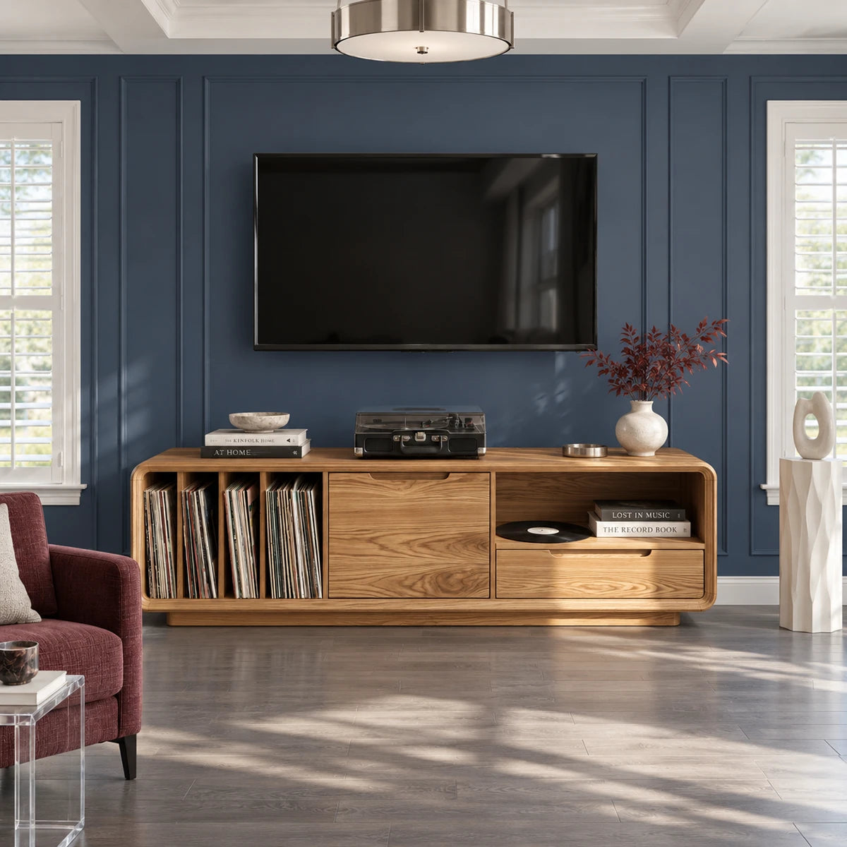 Low profile entertainment center in solid wood with drawers and record storage space