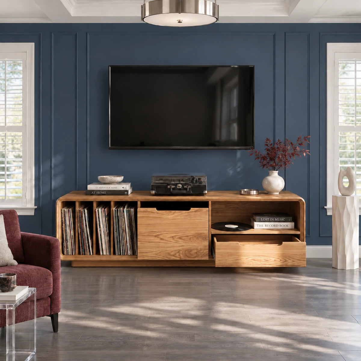 Contemporary record player stand in solid wood with shelves and roomy drawer space