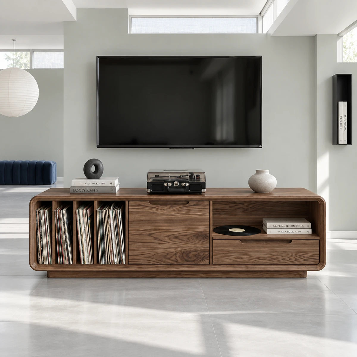 Functional TV cabinet in solid wood with turntable top and center record dividers