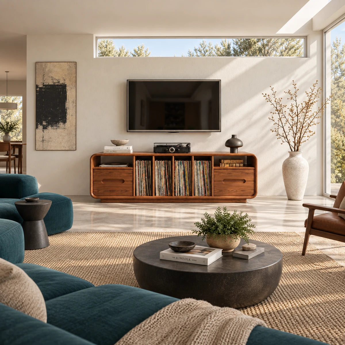 Modern media console in solid wood with record slots, drawers, and wide display top
