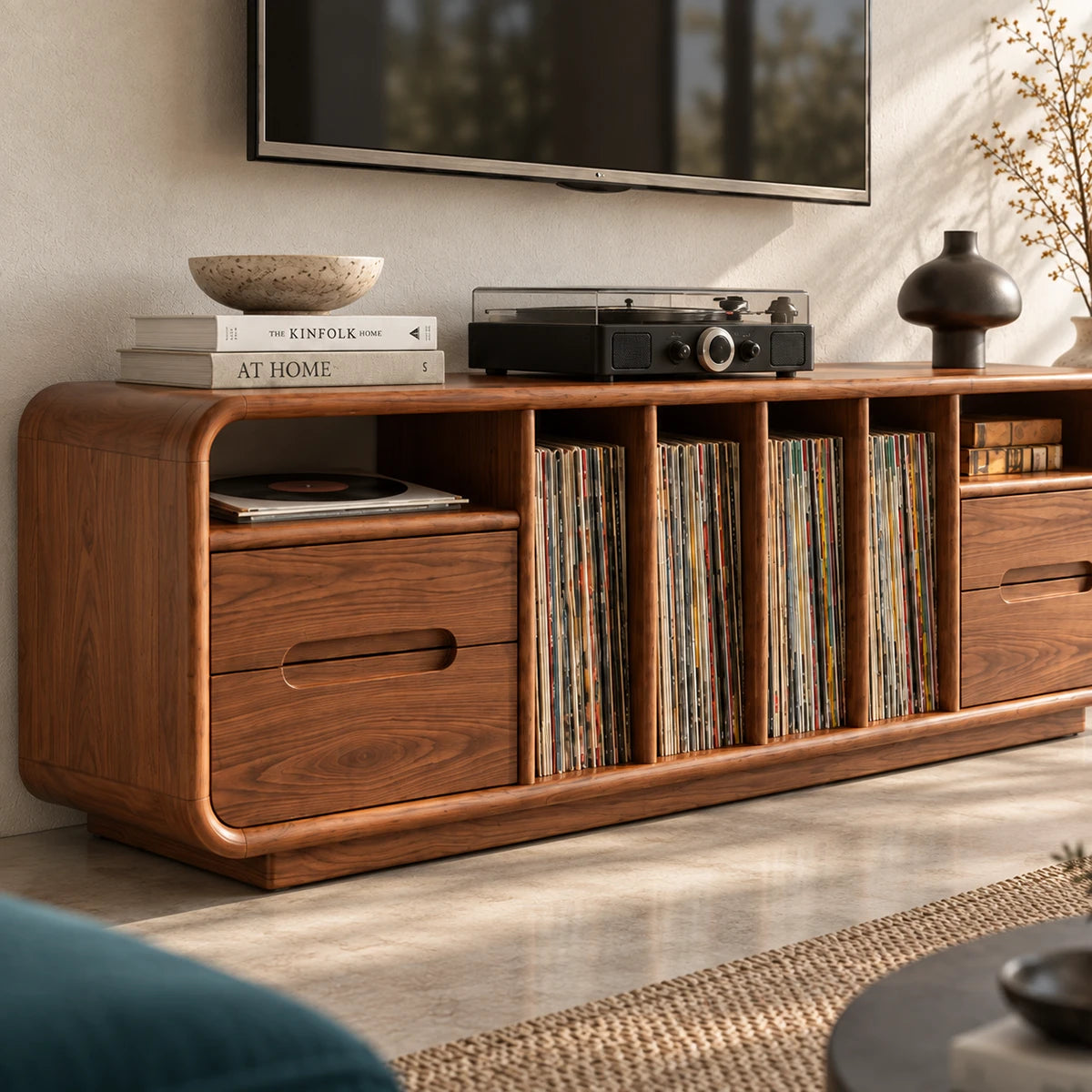 Sleek TV console in solid wood with rounded corners, LP storage, and drawers below
