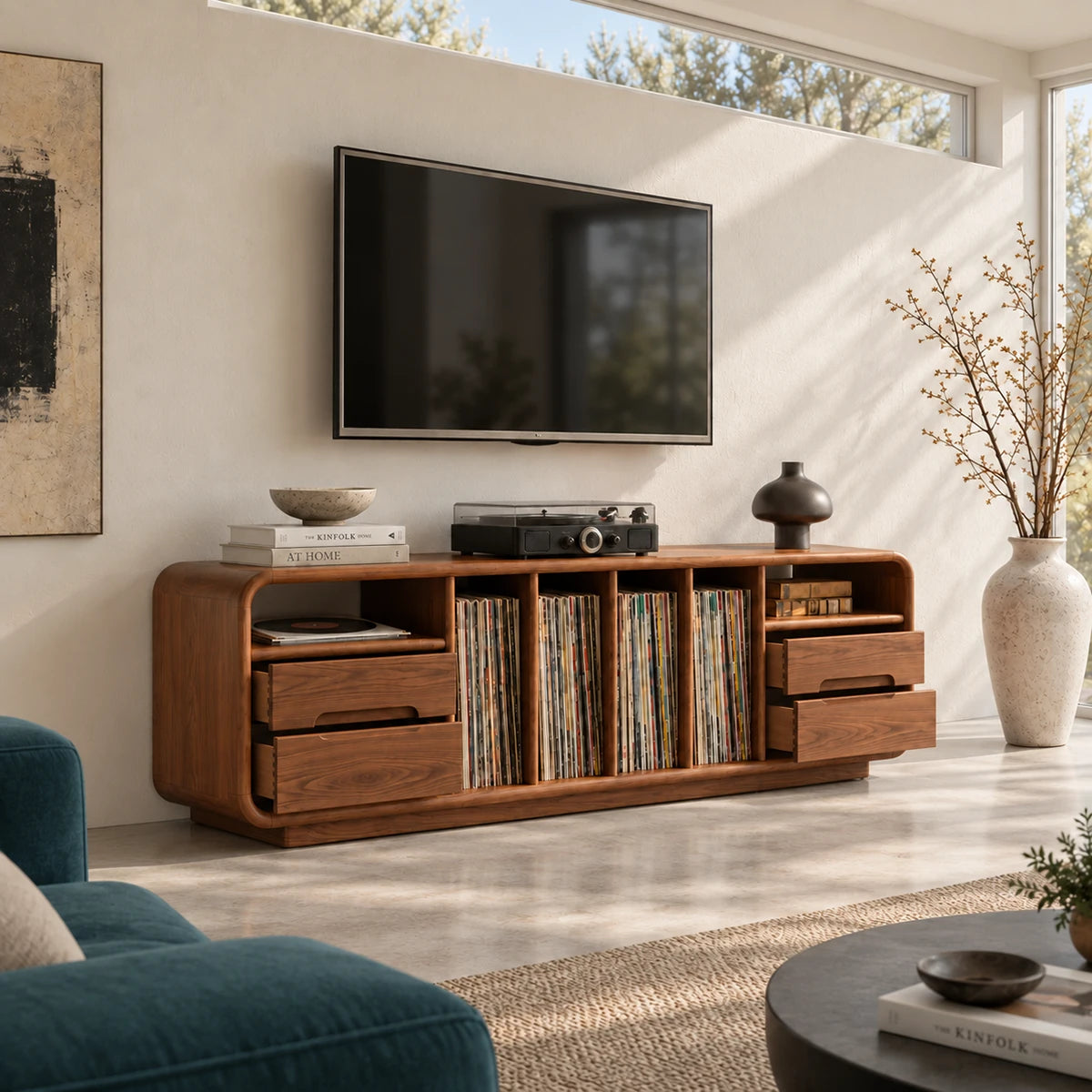 Contemporary record player stand in solid wood with drawers and LP compartments inside