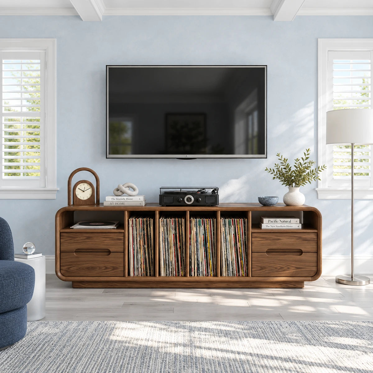 Functional TV cabinet in solid wood with vinyl record storage and side drawers inside