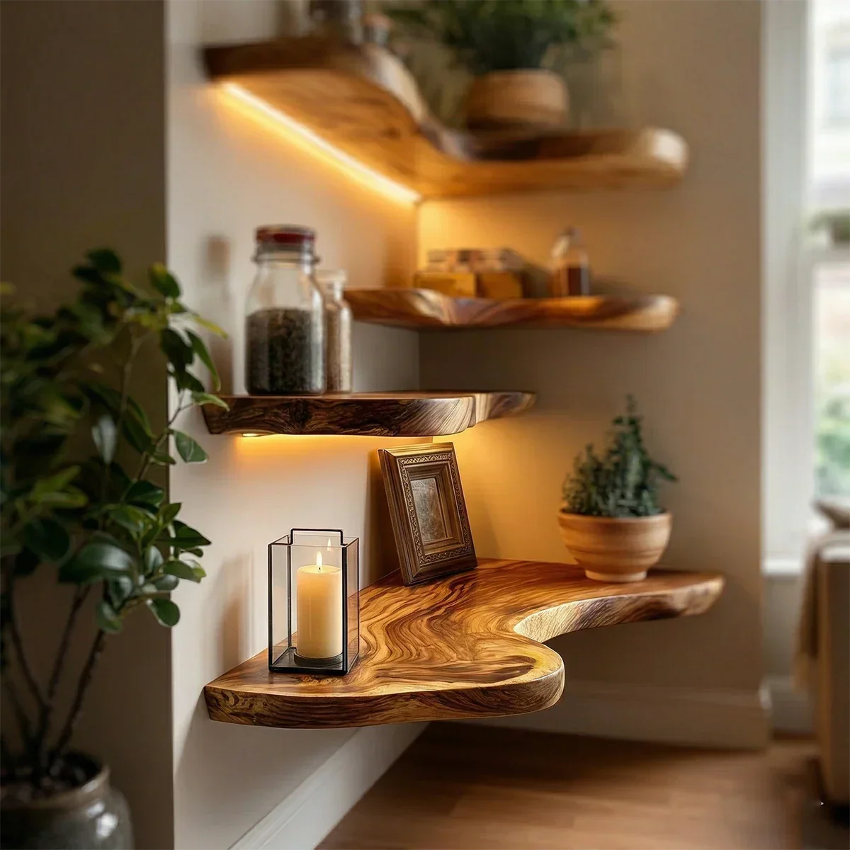 Rustic Corner Floating Shelves Solid Wood Wall Mounted Storage - ArborisWood - 3