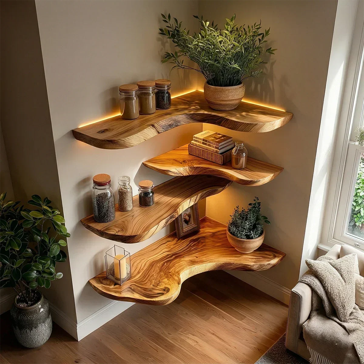Rustic Corner Floating Shelves Solid Wood Wall Mounted Storage - ArborisWood - 4