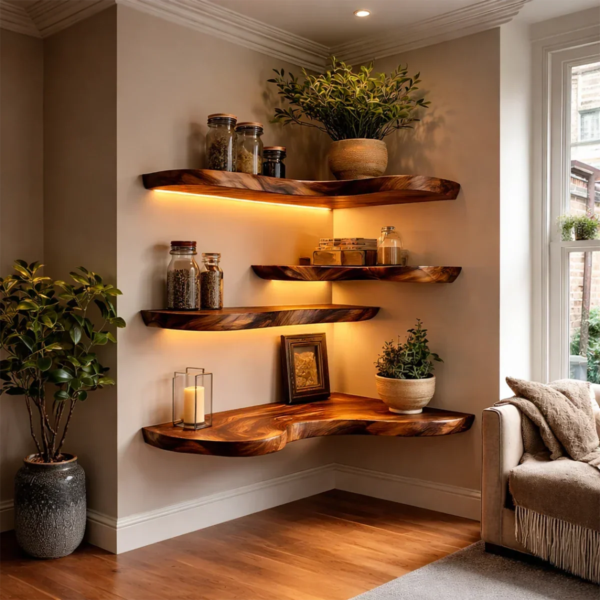Rustic Corner Floating Shelves Solid Wood Wall Mounted Storage - ArborisWood - 5