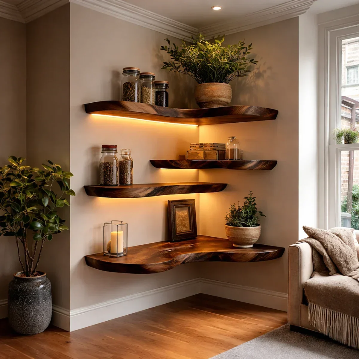 Rustic Corner Floating Shelves Solid Wood Wall Mounted Storage - ArborisWood - 6