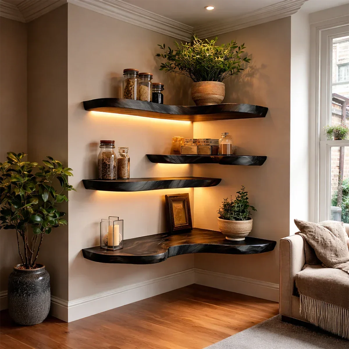 Rustic Corner Floating Shelves Solid Wood Wall Mounted Storage - ArborisWood - 7