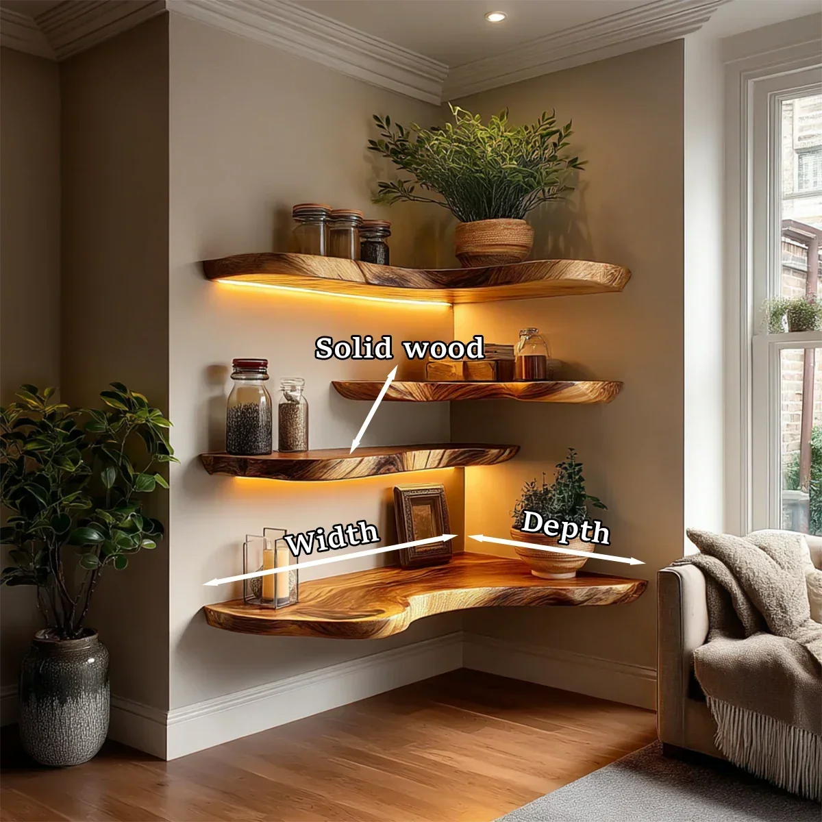 Rustic Corner Floating Shelves Solid Wood Wall Mounted Storage - ArborisWood - 8