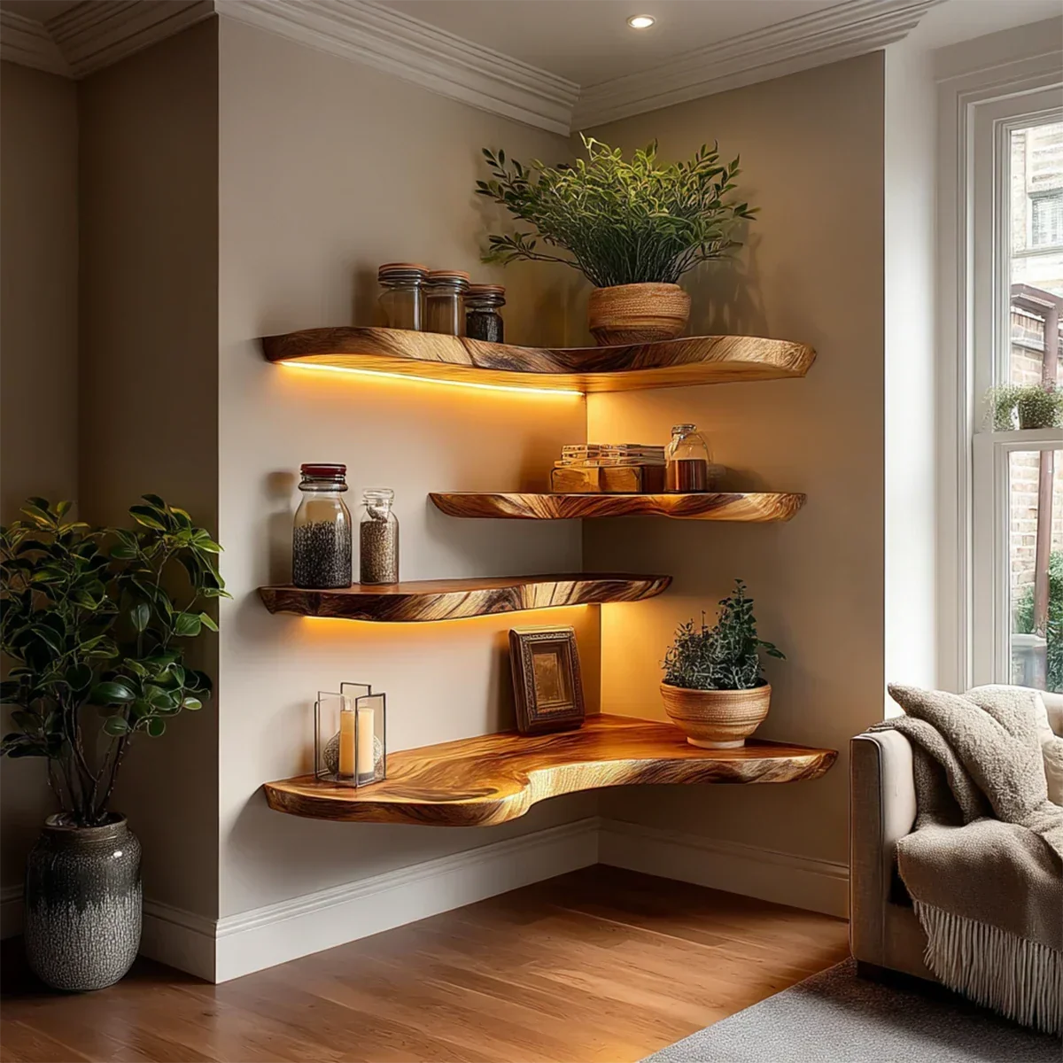 Rustic Corner Floating Shelves Solid Wood Wall Mounted Storage - ArborisWood