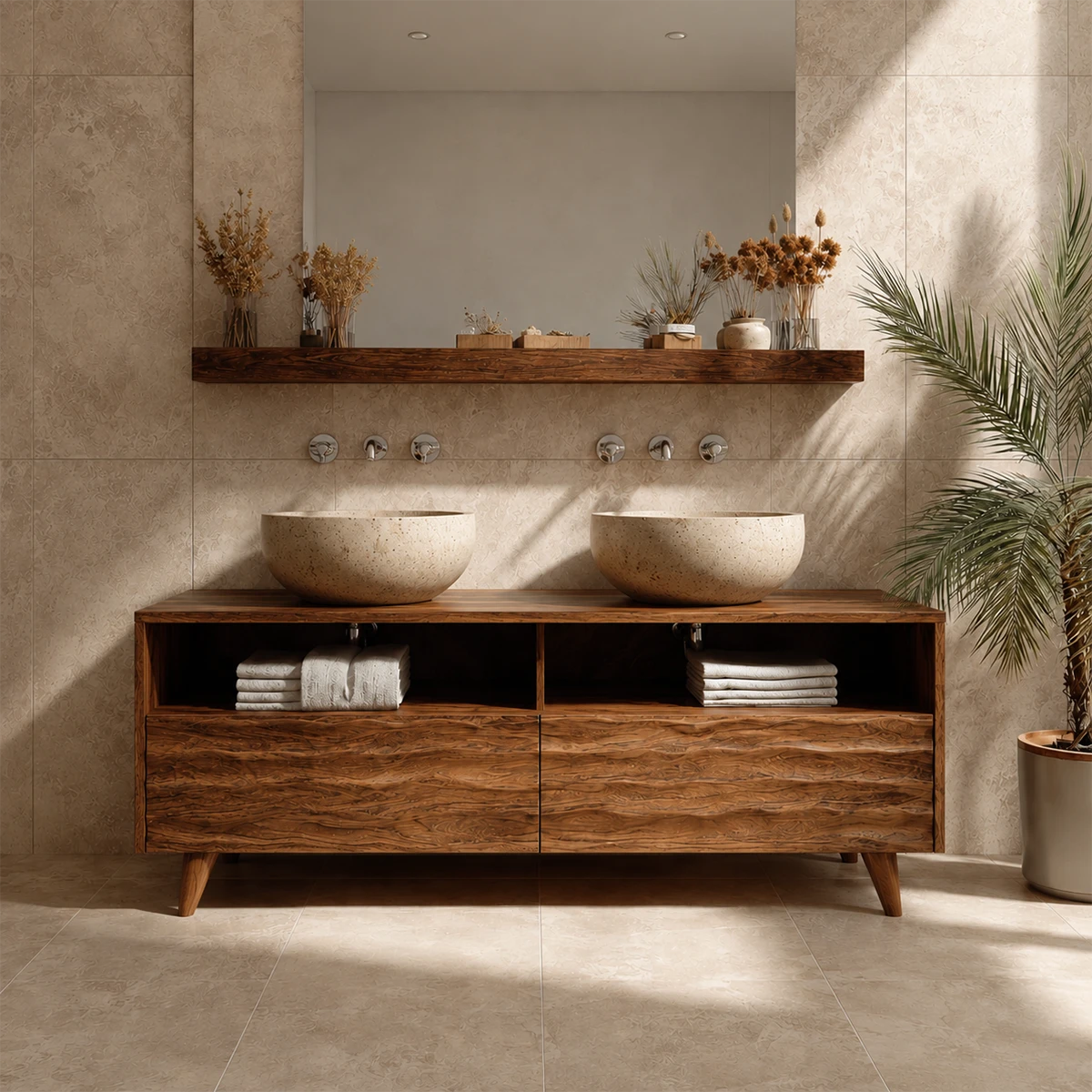 Double Sink Natural Solid Wood Bathroom Vanity With Hand-Carved Texture