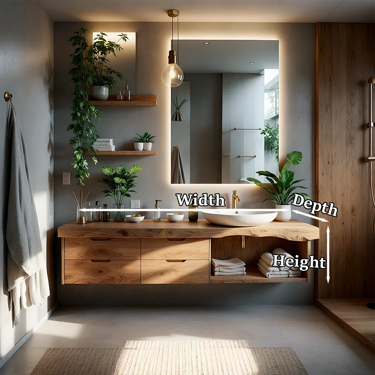 Scandinavian oak floating bathroom vanity with towel storage shelf
