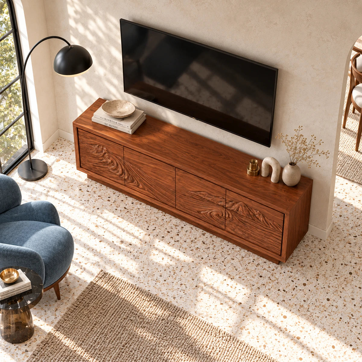 Decorative TV cabinet in solid wood with scenic relief doors and broad top surface