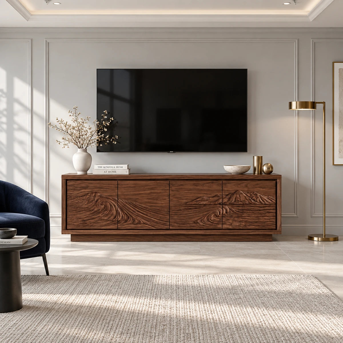 Designer entertainment unit in solid wood with carved panels and a clean base look