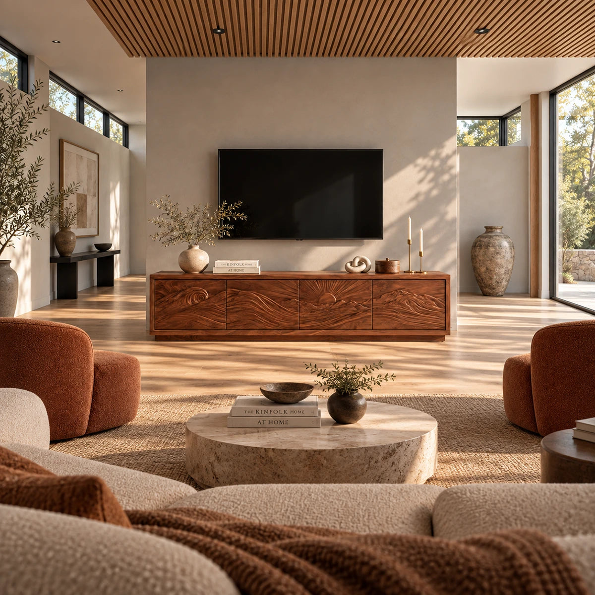 Solid wood TV stand with carved wave and mountain front in a modern living room set