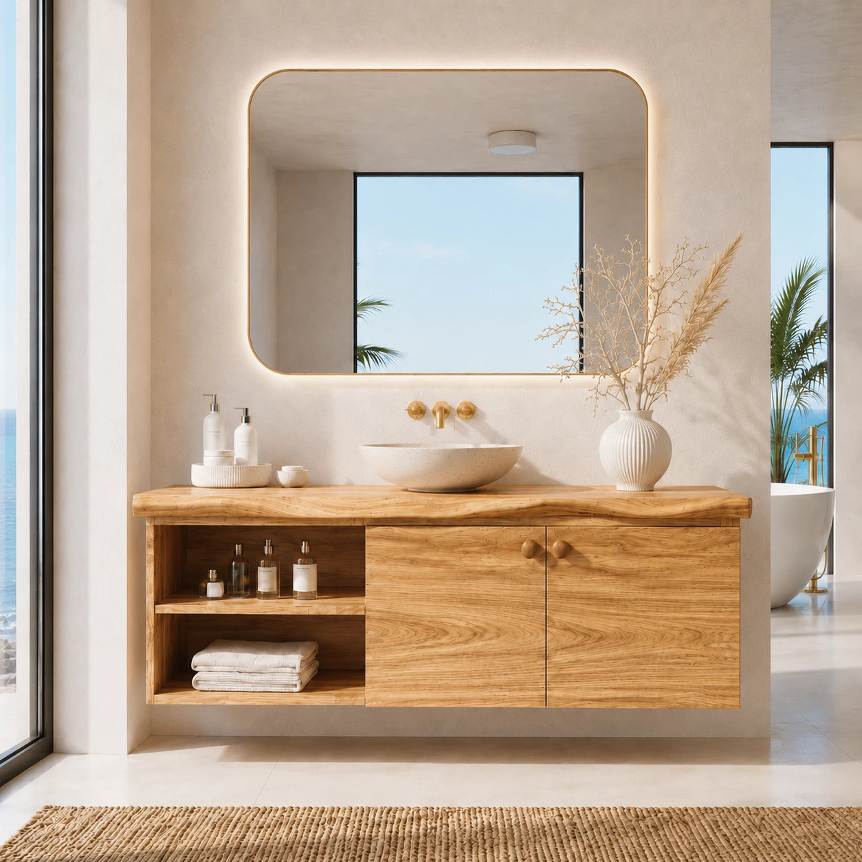 Sculpted Edge Floating Bathroom Vanity With Twin Shelves and Two Cabinet Doors - ArborisWood - 14