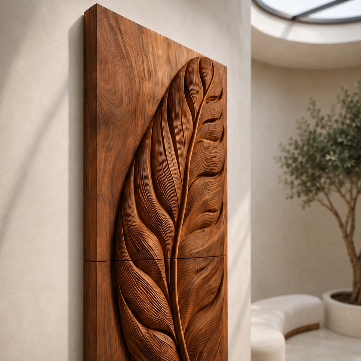 Natural solid wood wall art with sculpted feather detail adds warmth to elegant interiors