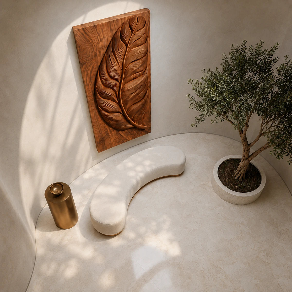Statement wall decor with layered feather carving introduces movement to a calm room