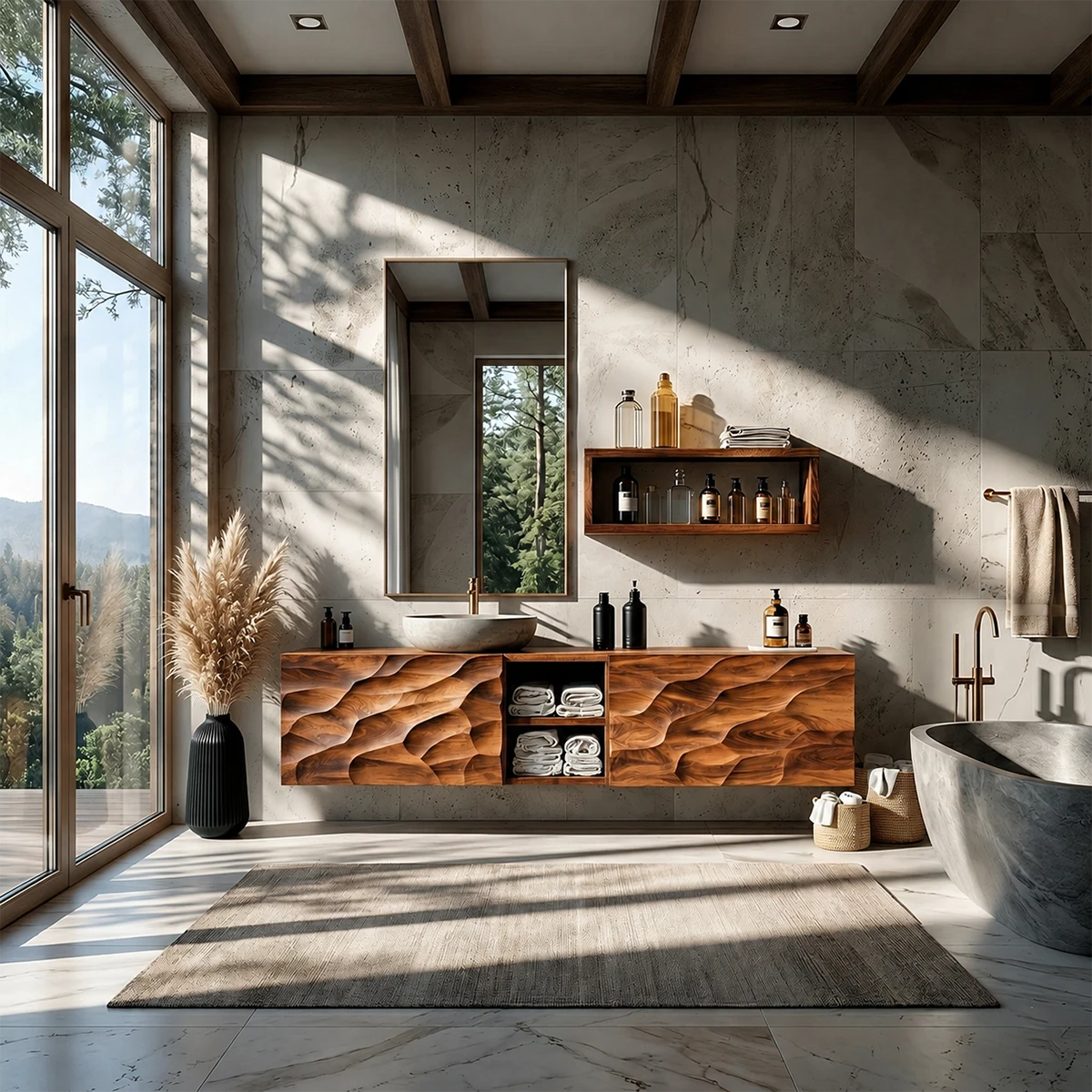 Sculptural Wave Floating Bathroom Vanity Natural Solid Wood