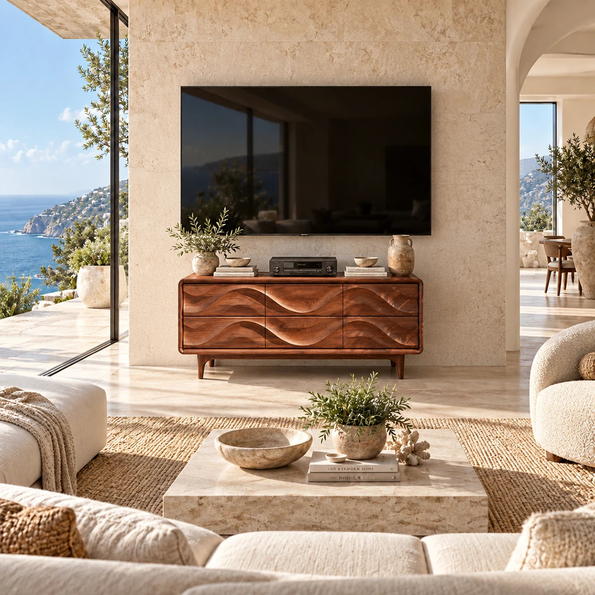 Designer TV stand with flowing sculpted fronts offers stylish storage in a modern lounge