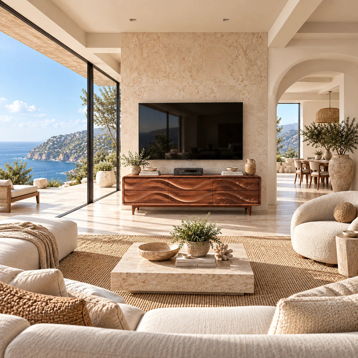 Modern media console with sculpted drawer fronts creates a sleek focal point below the TV