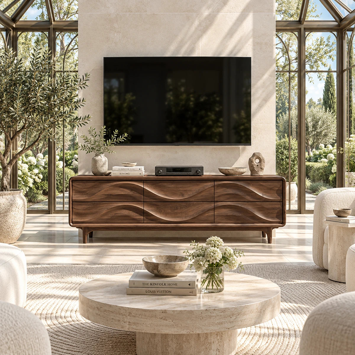 Living room TV stand with carved drawers blends artistic detail with useful media storage