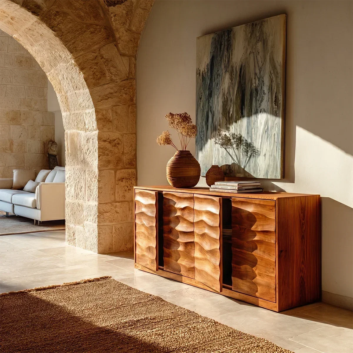 Sculpted Wave Sideboard Cabinet in Natural Solid Wood for Elegant Interiors - ArborisWood - 6