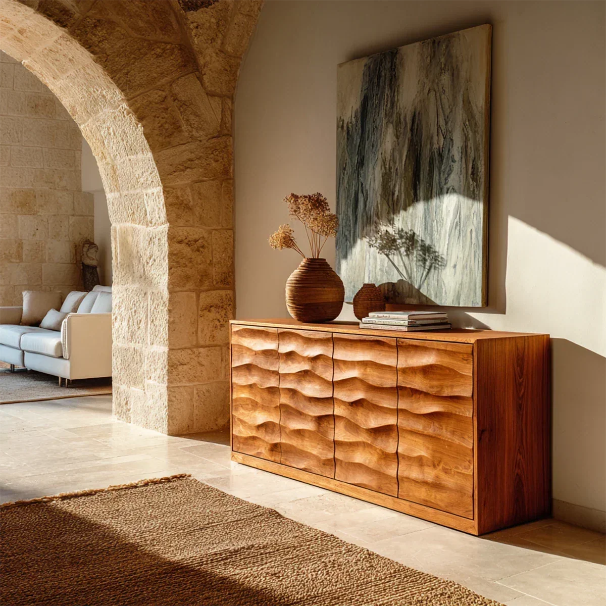 Sculpted Wave Sideboard Cabinet in Natural Solid Wood for Elegant Interiors - ArborisWood