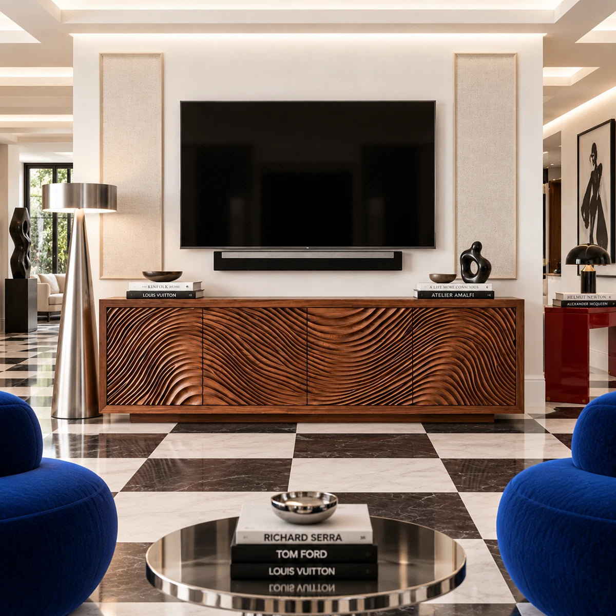 TV stand in natural solid wood with carved wave doors and walnut tone finish style