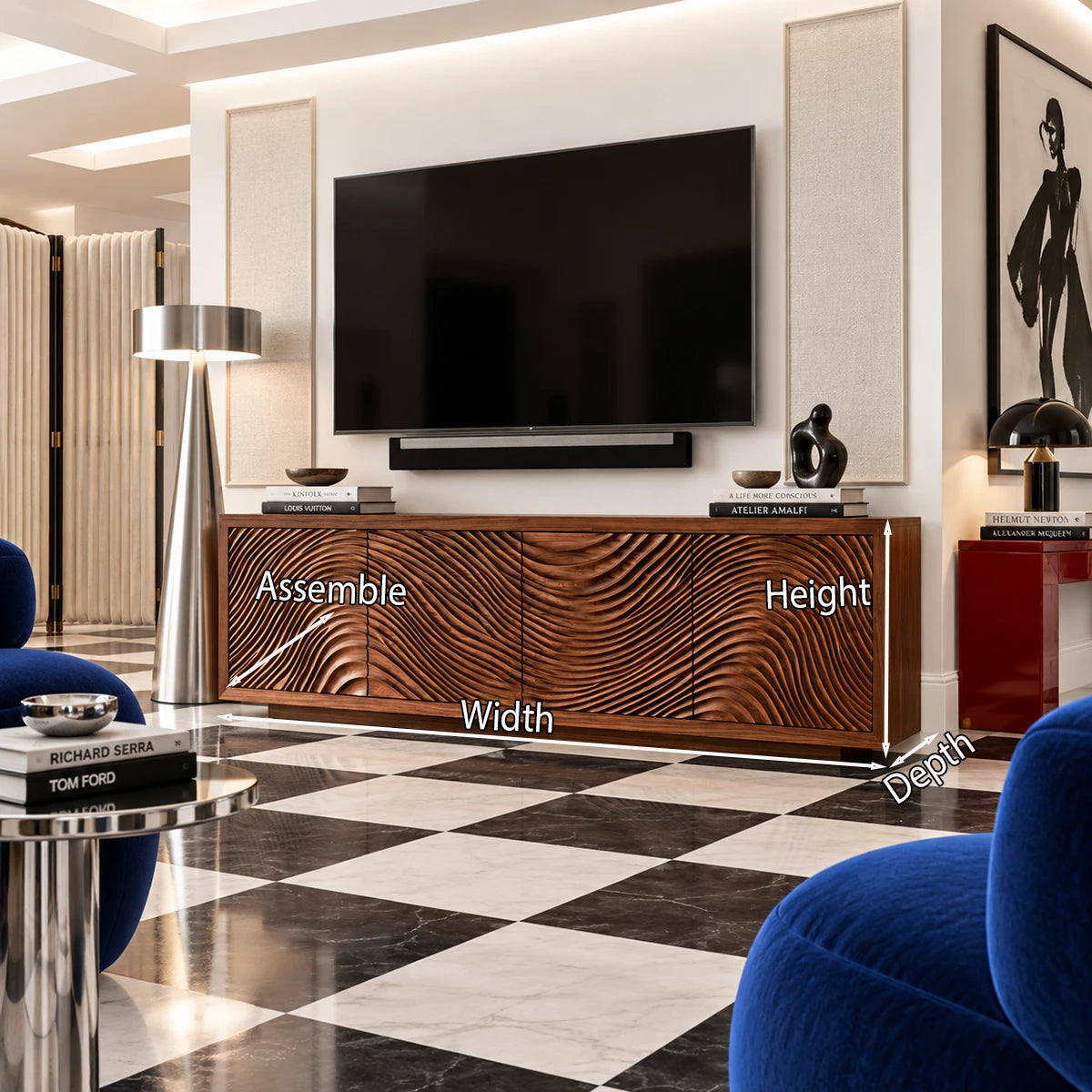 Entertainment console in natural solid wood with carved wave pattern doors design