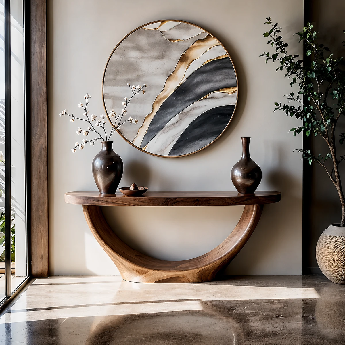 Sculptural Base Console Table Natural Solid Wood Entryway Loop Base - ArborisWood - 13