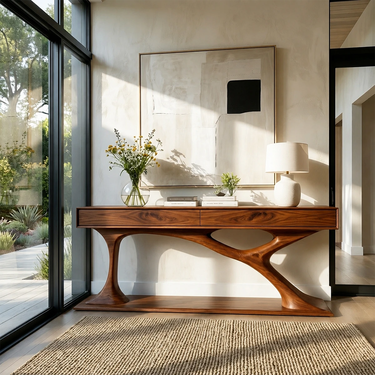 Luxury foyer console featuring organic flowing forms and integrated drawer storage units
