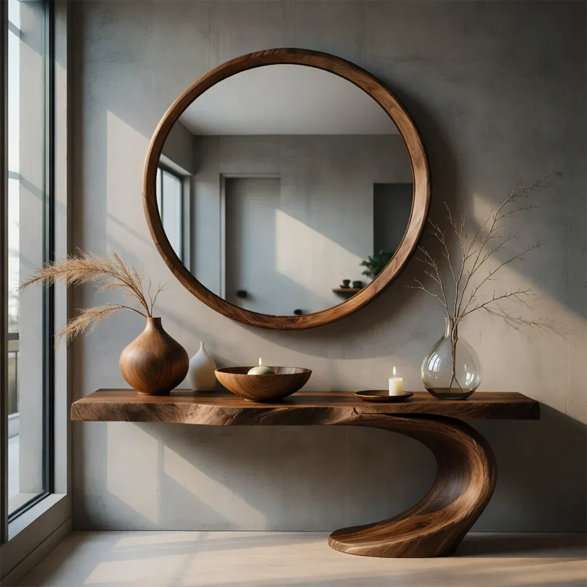Sculptural Entryway Console Table Natural Solid Wood Organic Curve Base - ArborisWood - 7