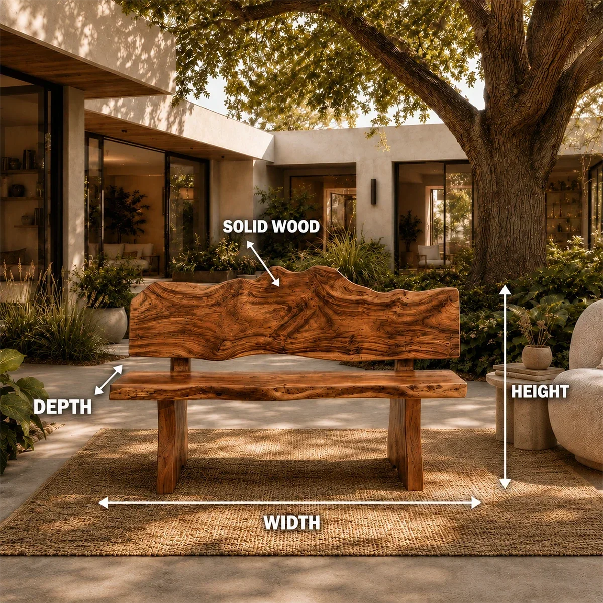 A rustic outdoor wooden bench with a live-edge backrest and seat, shown in a patio courtyard with measurement arrows and labels indicating width, depth, height, and solid wood material.