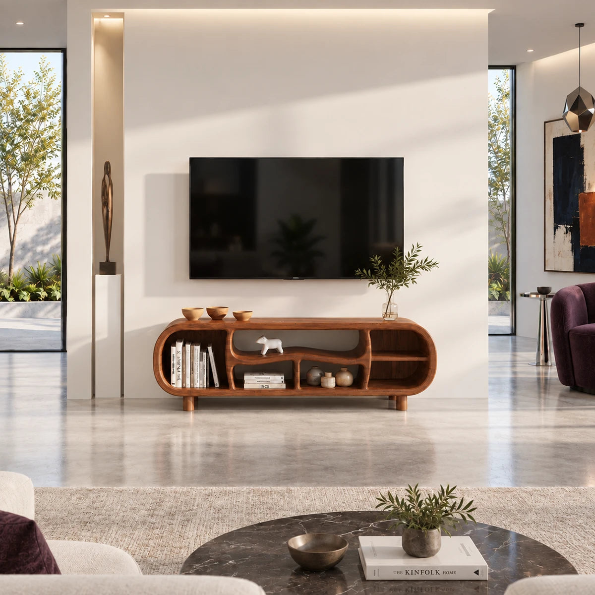 Open shelf TV console in natural solid wood with organic lines and roomy compartments