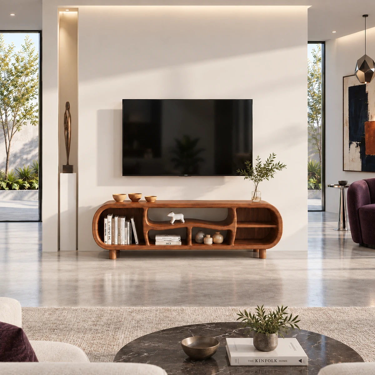 Entertainment console in natural solid wood with rounded shelving and low silhouette
