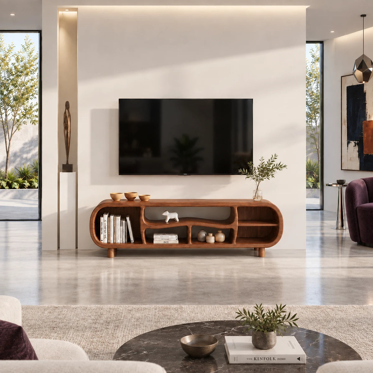 TV storage unit in natural solid wood with sculpted open sections and clean geometry