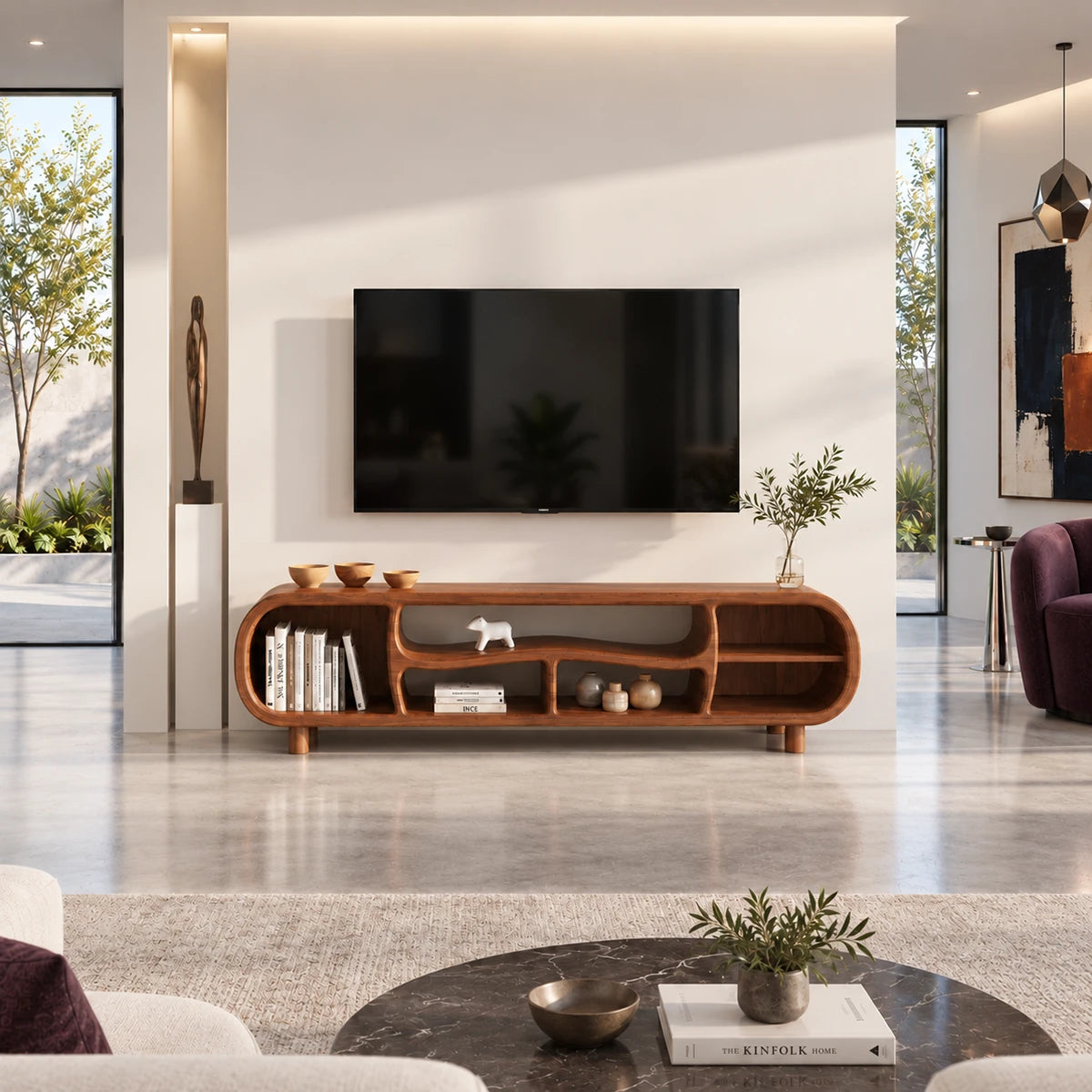 Modern TV stand in natural solid wood with curved cubby storage and balanced layout