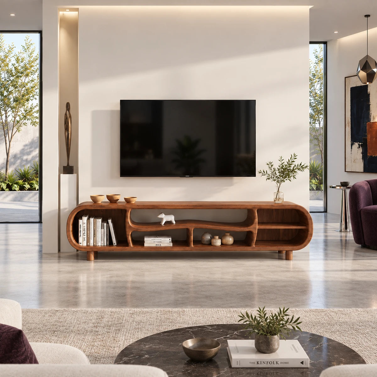 Natural solid wood TV stand with rounded open shelving and sculptural storage form