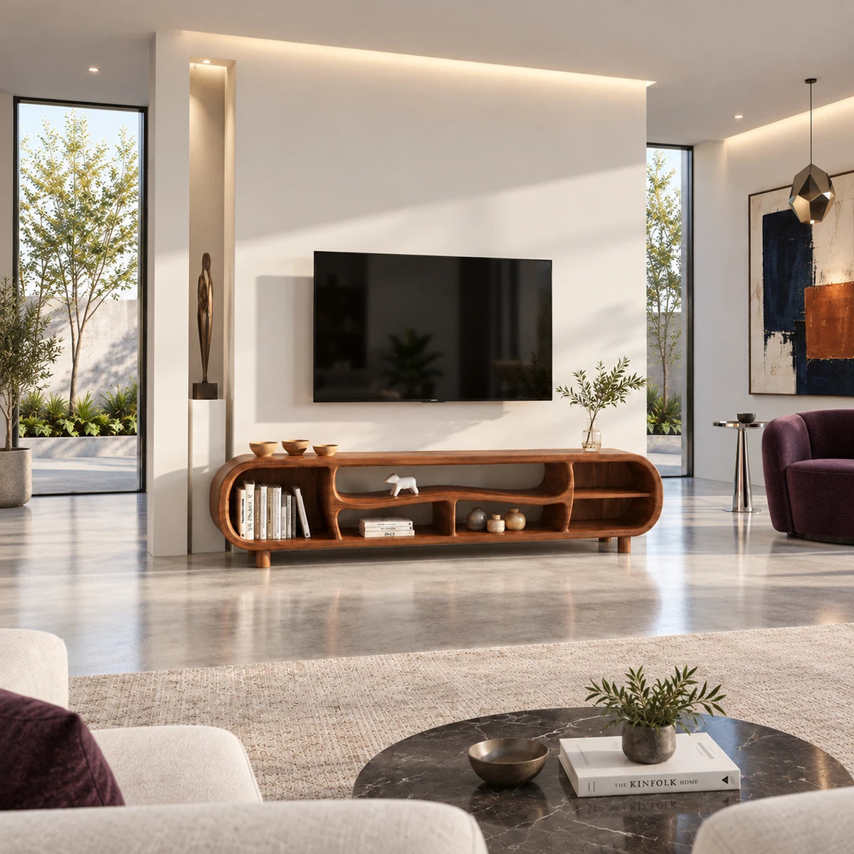 Modern media console in natural solid wood with curved cubbies and open shelf design
