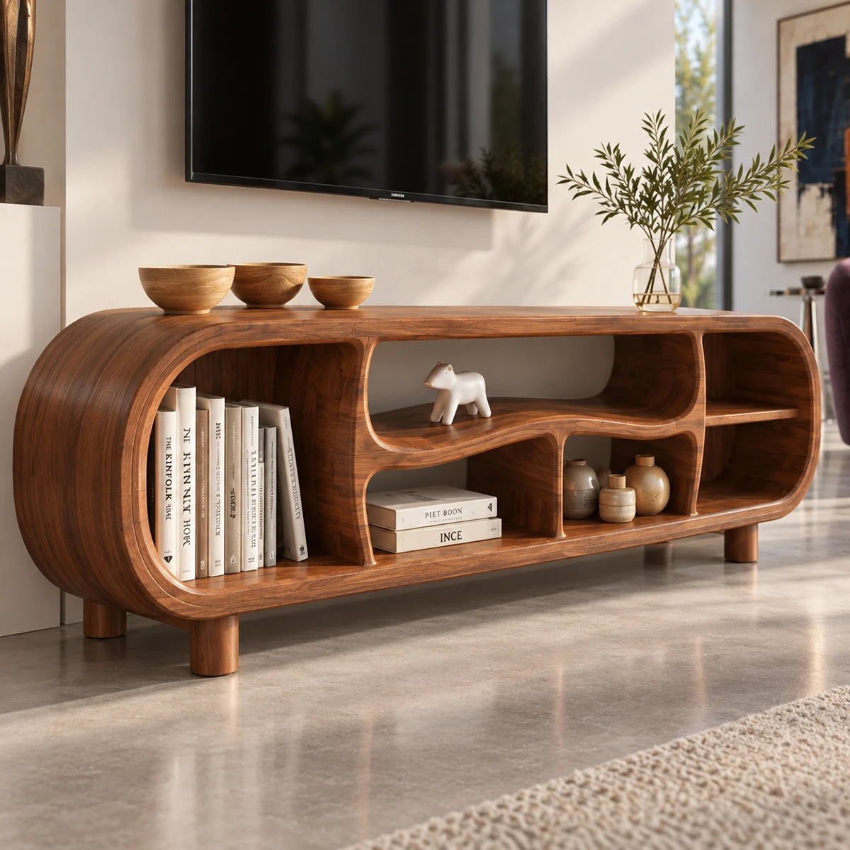 Entertainment unit in natural solid wood with organic compartments and clean low form