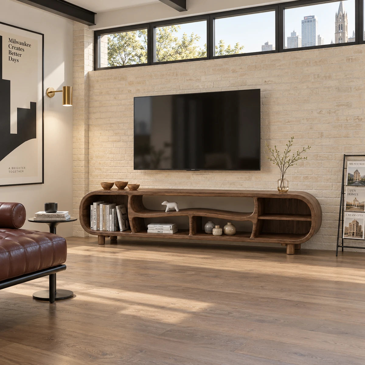 Media cabinet in natural solid wood with rounded side bays and layered open storage
