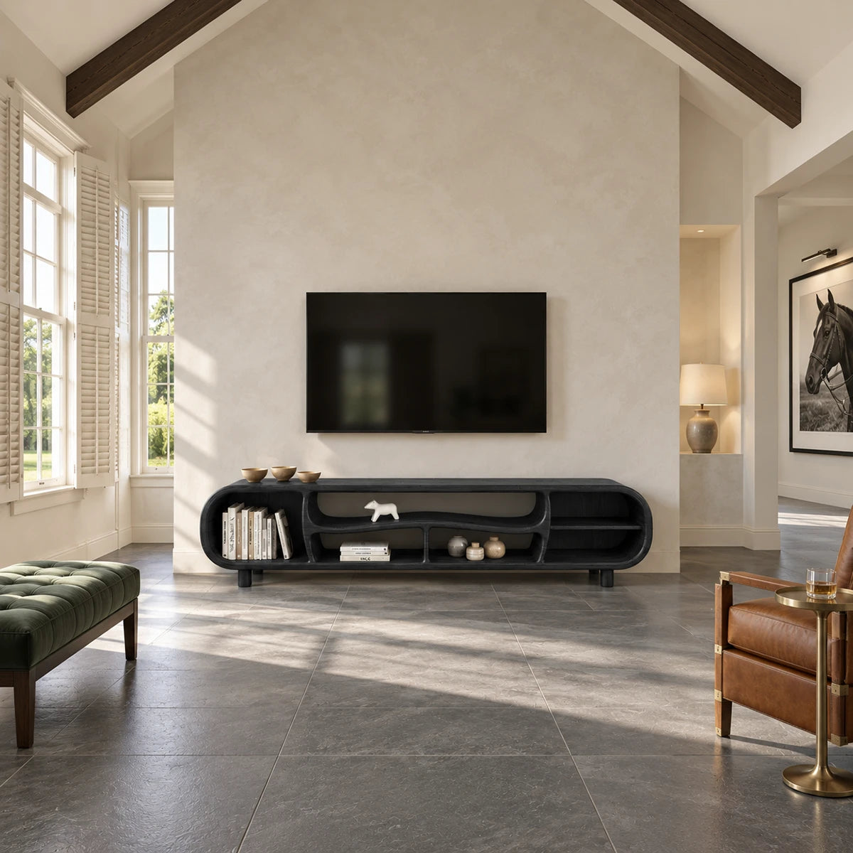 Minimalist media unit in natural solid wood with open niches and rounded profile